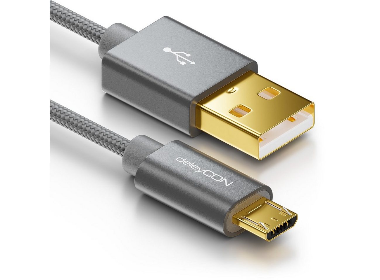 deleyCON deleyCON Micro USB Kabel 2m Nylon + Metallstecker - Grau Smartphone-Kabel von deleyCON