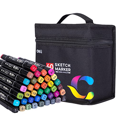 DELI 40 Farben Skizzenmarkersatz, doppelte Schreibspitze, schnell trocknende alkoholbasierte Graffiti Stifte mit Tragetasche von deli
