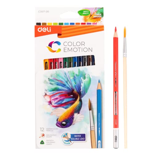 Deli Aquarellstifte, 12 Brillante Farben – Wasserlösliche Buntstifte für Erwachsene & Kinder, Künstlerbedarf zum Zeichnen & Malen, Malstifte für Aquarell-Effekte, Stifte Set mit Pinsel von deli