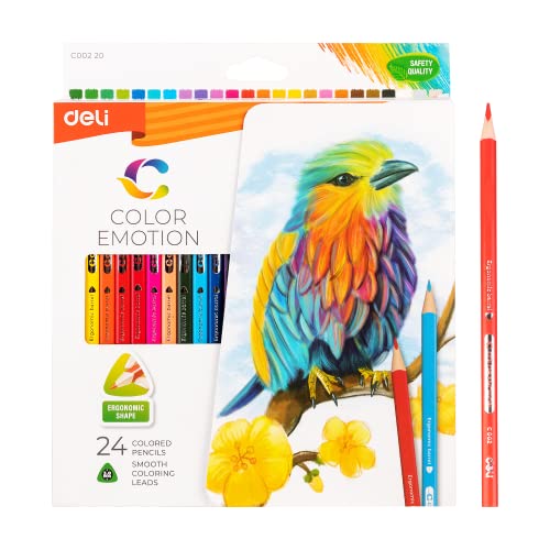 deli Farbstifte Packung 24 Farben, Ergonomische Dreikant-Buntstifte 24-er etui für Erwachsene und Kinder von deli