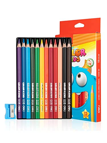 deli Jumbo Grip Kinder Buntstifte Set, 12 Farben, Farbstifte 12er Kartonetui mit Bleistiftspitzer von deli