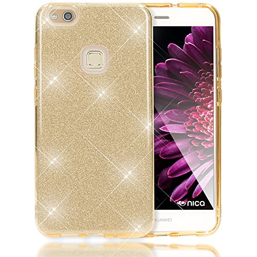 NALIA Handyhülle kompatibel mit Huawei P10 Lite, Glitzer Slim Silikon-Case Back-Cover Schutzhülle, Glitter Sparkle Handy-Tasche Bumper Skin, Dünne Bling Strass Smart-Phone Hülle, Farbe:Gold von delightable24