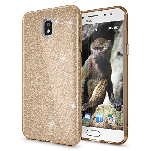 NALIA Handyhülle kompatibel mit Samsung Galaxy J5 2017 (EU-Modell), Glitzer Slim Silikon-Case Back-Cover Schutzhülle, Glitter Sparkle Bumper, Dünnes Bling Strass Smart-Phone Etui, Farbe:Gold von delightable24