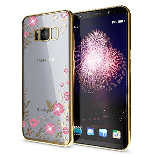 NALIA Handyhülle kompatibel mit Samsung Galaxy S8, Durchsichtiges Slim Silikon Case Blumen-Muster Metall-Optik, Dünne Schutzhülle Glitzer-Steine Bling Cover Etui Handy-Tasche Skin Hülle, Farbe:Gold von delightable24