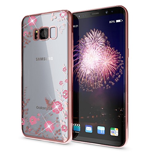 NALIA Handyhülle kompatibel mit Samsung Galaxy S8 Plus, Durchsichtiges Slim Silikon Case Blumen-Muster Metall-Optik, Dünne Schutzhülle Glitzer-Steine Bling Cover Etui Handy-Tasche Hülle, Farbe:Rosa von delightable24