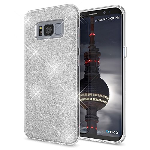 NALIA Handyhülle kompatibel mit Samsung Galaxy S8 Plus, Glitzer Slim Silikon-Case Back-Cover Schutzhülle, Glitter Sparkle Handy-Tasche Bumper, Dünne Bling Strass Smart-Phone Hülle, Farbe:Silber von delightable24