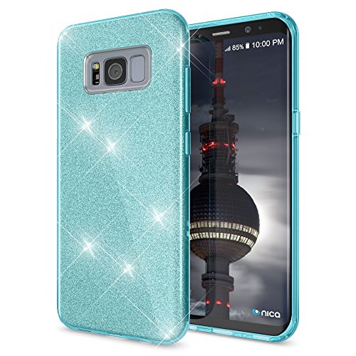 NALIA Handyhülle kompatibel mit Samsung Galaxy S8 Plus, Glitzer Slim Silikon-Case Back-Cover Schutzhülle, Glitter Sparkle Handy-Tasche Bumper, Dünne Bling Strass Smart-Phone Hülle, Farbe:Türkis von delightable24