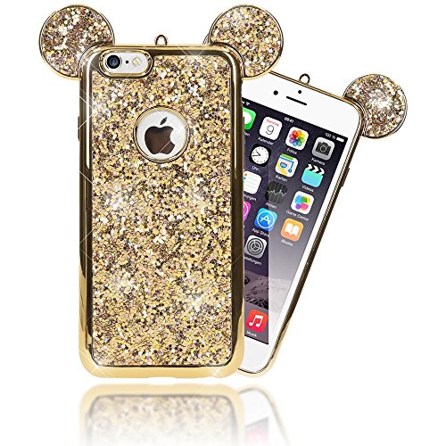 NALIA Handyhülle kompatibel mit iPhone 6 6S, Glitzer Slim Back-Cover Case mit Maus Ohren, Glitter Silikon Hülle Schutzhülle Dünn, Strass Bling Etui Handy-Tasche Smart-Phone Bumper, Farbe:Gold von delightable24