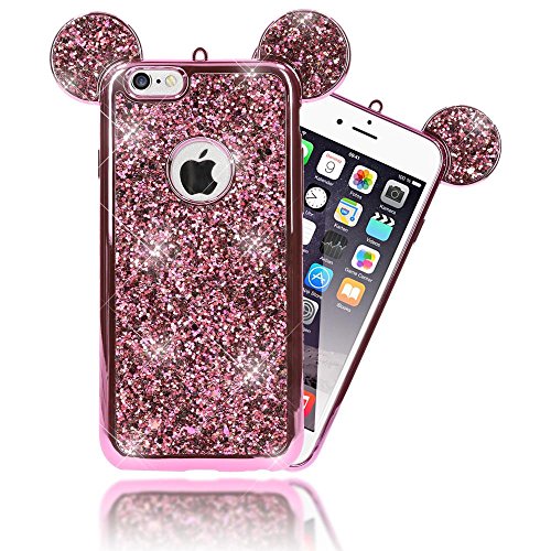 NALIA Handyhülle kompatibel mit iPhone 6 6S, Glitzer Slim Back-Cover Case mit Maus Ohren, Glitter Silikon Hülle Schutzhülle Dünn, Strass Bling Etui Handy-Tasche Smart-Phone Bumper, Farbe:Pink von delightable24