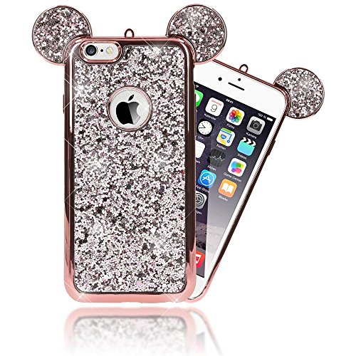 NALIA Handyhülle kompatibel mit iPhone 6 6S, Glitzer Slim Back-Cover Case mit Maus Ohren, Glitter Silikon Hülle Schutzhülle Dünn, Strass Bling Etui Handy-Tasche Smart-Phone Bumper, Farbe:Rose Gold von delightable24