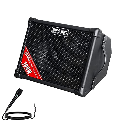 Coolmusic BP80 Batteriebetriebener Akustikgitarren-Verstärker, tragbarer Bluetooth-Lautsprecher, 100 W, 6 Eingänge, 3 Band EQ, Schwarz von dellersound