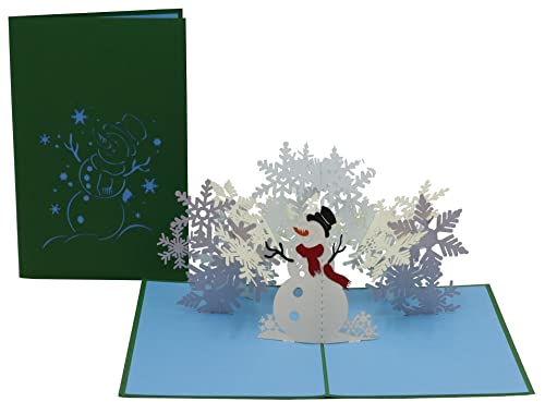 Schneemann mit Schneeflocke, Winterlandschaft Weihnachtskarte, 3D-karte, klappkarte, Pop Up Karte von design3dkarten