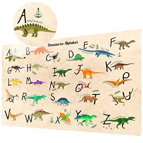 deskpad Schreibtischunterlage Dinos für Kinder ''Dinosaurier Alphabet'' zwei Größen 60x40cm|70x50cm|Schreibtischunterlage Dino Alphabet auf Papier Struktur|feucht abwischen|Made in Germany, braun von deskpad