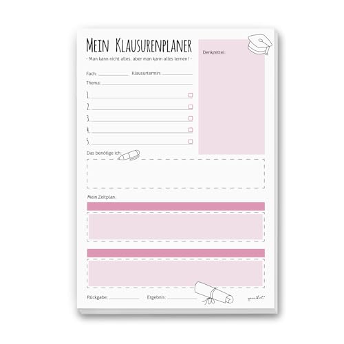 #detailverliebt Notizblock Mein Klausurenplaner I dv_521 rosa I DIN A4 I 50 Blatt I Schreibblock to-Do-Liste Planer Schule Studium Lernphase Prüfungs-Vorbereitung von #detailverliebt