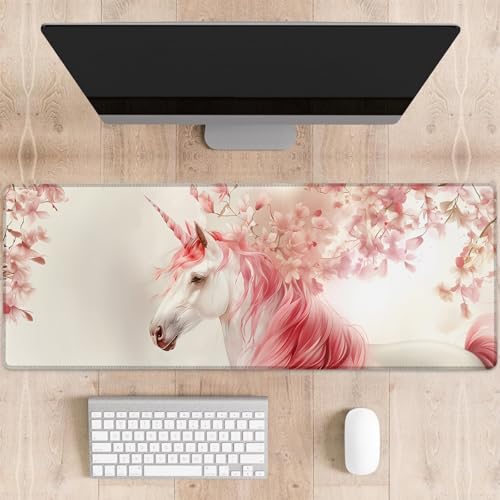 dhakalrlde Elegantes Einhorn-Gaming-Mauspad, niedliche Einhörner mit rosa Mähne, große Schreibtischunterlage für Computer, erweiterte Tastatur, Laptop, Mauspads, 80 x 29 cm, rutschfestes Gummi-Mauspad von dhakalrlde