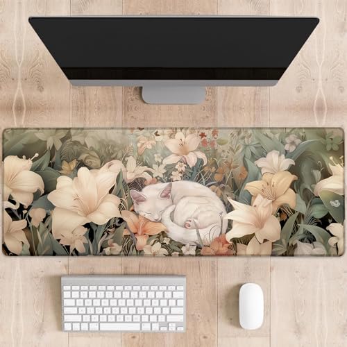dhakalrlde Gaming-Mauspad mit niedlichem Blumenmuster, weiße Katze, schläft unter Blumen, große Schreibtischunterlage für Computer, erweiterte Tastatur, Laptop, Mauspads, 80 x 29 cm, rutschfestes von dhakalrlde
