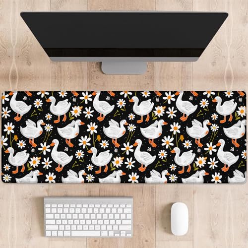 dhakalrlde Gaming-Mauspad mit niedlichem Gans, weiße Cartoon-Gänse mit Blumen, große Schreibtischunterlage für Computer, erweiterte Tastatur, Laptop, Mauspads, 80 x 29 cm, rutschfestes Gummi-Mauspad von dhakalrlde
