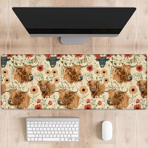 dhakalrlde Gaming-Mauspad mit niedlichem Hochlandkuh, rustikales Blumenmuster mit Rindern, große Schreibtischunterlage für Computer, erweiterte Tastatur, Laptop, Mauspads, 80 x 29 cm, rutschfestes von dhakalrlde