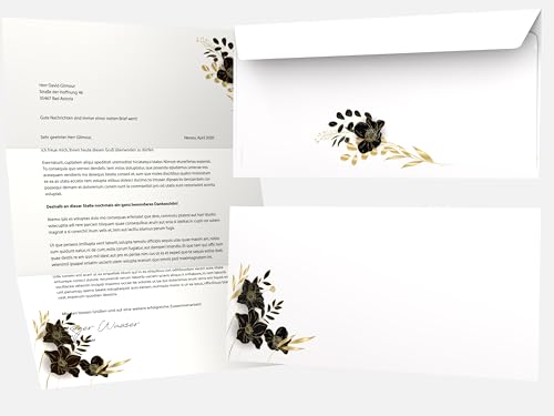 Motivpapier-Set Black Flowers | 100 Blatt DIN A4 + 100 Kuverts DIN LANG | Briefpapier-Set | Laser/Ink/Copy/Hand | Blumen von dirxbuschinger