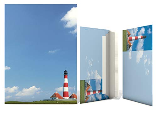 Urlaub und Meer Briefpapier Set Leuchtturm, 100-teilig mit 50 Blatt Motivpapier DIN A4, 90g/qm und 50 passenden DIN LANG-Briefumschlägen von dirxbuschinger