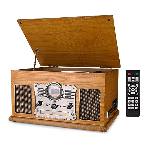 Retro Plattenspieler mit Lautsprecher, UKW/DAB-Radio, CD-Player, Kassettenrekorder, Bluetooth, USB/SD-Wiedergabe und Aufnahme, Schallplattenspieler im Vintage Design von dl