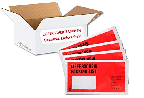 1000 Lieferscheintaschen selbstklebendes Premium | Dokumententaschen DIN lang aus PP transparent farbig rot mit Aufdruck Lieferschein von dm-folien GmbH