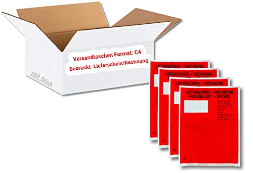 500 Lieferscheintaschen C4 selbstklebend im Karton Premium | Dokumententaschen aus rot transparentem PP transparent mit Aufdruck Lieferschein Rechnung für A4 Format von dm-folien GmbH