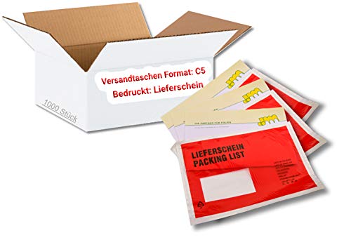 1000 Lieferscheintaschen C5 selbstklebend im Karton Premium | Dokumententaschen aus PP in rot transparent mit Aufdruck Lieferschein von dm-folien gmbh