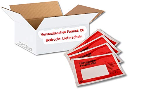 1000 Lieferscheintaschen rot C6 selbstklebend im Karton unterverpackt Premium | Dokumententaschen aus PP transparent mit Aufdruck Lieferschein von dm-folien gmbh
