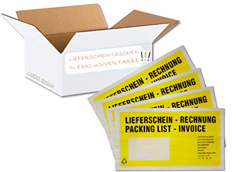 1000 Lieferscheintaschen selbstklebend Premium | Dokumententaschen DIN lang aus PP transparent farbig gelb mit Aufdruck Lieferschein/Rechnung von dm-folien gmbh