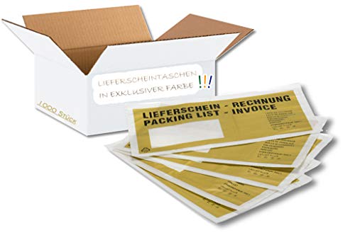 1000 Lieferscheintaschen selbstklebend Premium | Dokumententaschen DIN lang aus PP transparent farbig gold mit Aufdruck Lieferschein/Rechnung von dm-folien gmbh