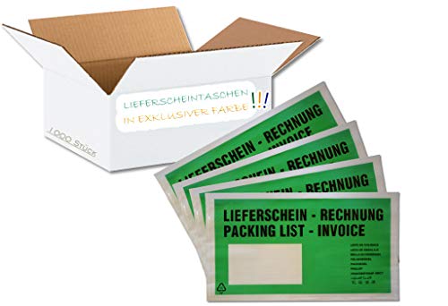 1000 Lieferscheintaschen selbstklebend Premium | Dokumententaschen DIN lang aus PP transparent farbig grün mit Aufdruck Lieferschein/Rechnung von dm-folien gmbh