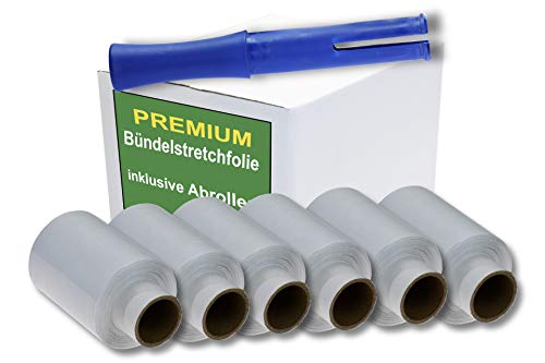 SET Mini Stretchfolie - 100 mm breit - 150 m je Rolle - Bündelstretchfolie/Handystretchfolie - Ministretchfolie Plastic Wrap Wickelfolie transparent zäh & reißfest (Weiß, 12 Rollen + 1 Abroller) von dm-folien gmbh