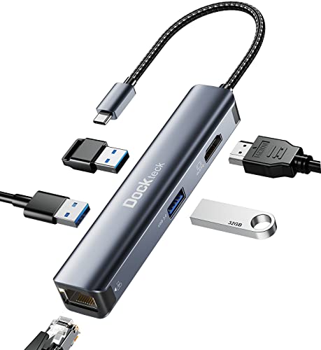 USB C Hub Dockteck 5 in 1 USB C Dock, USB-C Adapter mit Ethernet LAN RJ45, 4K HDMI, 3 USB 3.0 für MacBook Pro/Air M1, iPad Pro/Air 5, Surface usw von dockteck