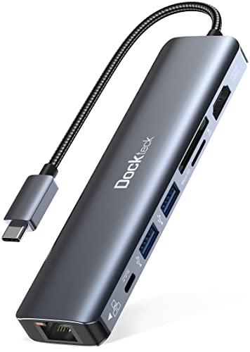 USB C Hub Dockteck 7-in-1 Dock DD0003 USB C Adapter, Ethernet LAN RJ45, 4K 60Hz HDMI, 100W Power Delivery, 2 USB 3.0 Ports und SD/microSD für MacBook M1, iPad Pro, Surface Pro und Mehr von dockteck