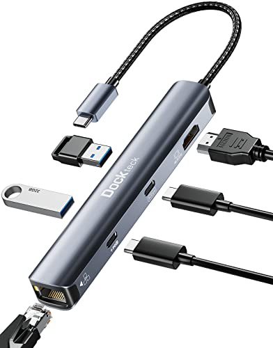 USB C Hub HDMI 4K 60Hz, 6 in 1 Dockteck, Dock Ethernet, MacBook Pro Adapter iPad mit LAN RJ45, 2 USB-C Port Daten 100W PD, 2 USB 3.0, HDMI, für MacBook Air M1/M2, iPad Pro/Air, Surface Pro von dockteck
