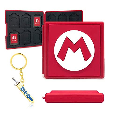 Game Card Case für Nintendo Switch, Quadratische Etui Aufbewahrungsbox für Switch Spiele, Tragbare Dünne Hartschale mit 12 Kartenfächern, mit Geschenk Schlüsselanhänger Schwert (Mario M) von doepeBAE