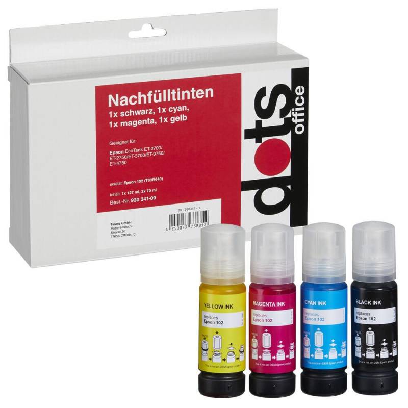 dots Tintenflaschen kompatibel zu EPSON 102 (T03R640), 4er-Set schwarz, cyan,... von dots