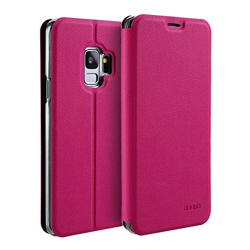 doupi Flip Case für Samsung Galaxy S9 Plus, Deluxe Schutz Hülle mit Magnetischem Verschluss Cover Klappbar Book Style Handyhülle Aufstellbar Ständer, rot pink von doupi