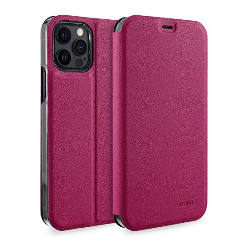 doupi Flip Case für iPhone 12 / iPhone 12 Pro (6,1 Zoll), Deluxe Schutz Hülle mit Magnetischem Verschluss Cover Klapphülle Book Style Handyhülle Aufstellbar Ständer, rot pink von doupi