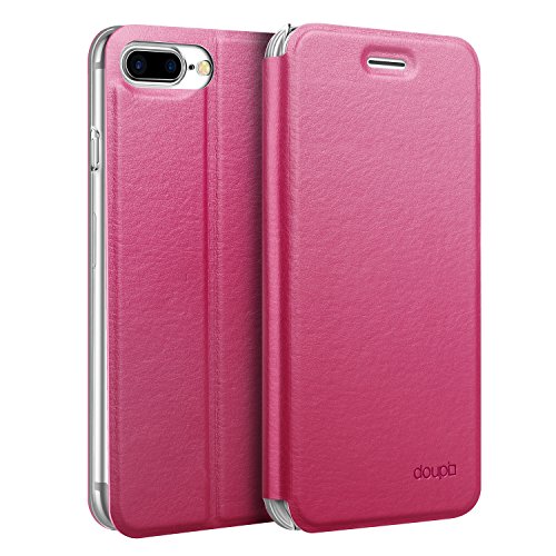 doupi Flip Case für iPhone 8 Plus / 7 Plus (5,5 Zoll), Deluxe Schutz Hülle mit Magnetischem Verschluss Cover Klappbar Book Style Handyhülle Aufstellbar Ständer, rot von doupi