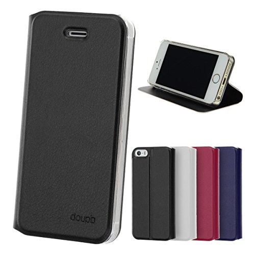 doupi Flip Case für iPhone SE / 5S / 5, Deluxe Schutz Hülle mit Magnetischem Verschluss Cover Klappbar Book Style Handyhülle Aufstellbar Ständer, schwarz von doupi
