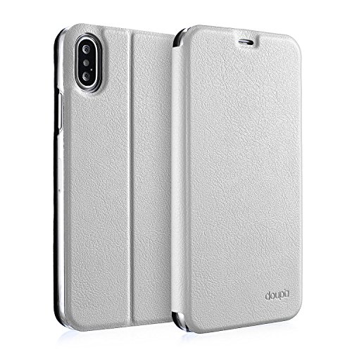 doupi Flip Case für iPhone XS/X (5,8 Zoll), Deluxe Schutz Hülle mit Magnetischem Verschluss Cover Klappbar Book Style Handyhülle Aufstellbar Ständer, weiß von doupi