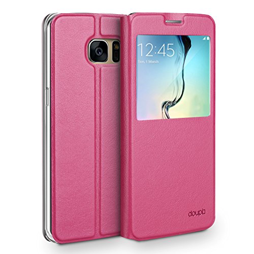 doupi FlipCase für Samsung Galaxy S7, Deluxe Schutzhülle mit Sichtfenster Magnet Verschluss Klappbar Book Style Aufstellbar Ständer, rot pink von doupi