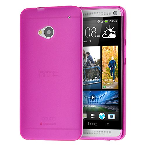 doupi PerfectFit Schutzhülle für HTC ONE (M7), Staubschutz eingebaut mit Staubstöpseln Matt Clear Design TPU Schutz Hülle Silikon Schale Bumper Case Schutzhülle Cover, pink von doupi