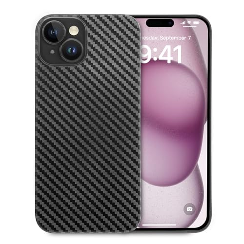 doupi Ultra Dünne Handyhülle kompatibel mit iPhone 15 (6,1 Zoll) - Carbon Fiber Look, Kabelloses Laden Unterstützend, Super Slim Protective Cover, Kohlefaser Optik schwarz von doupi