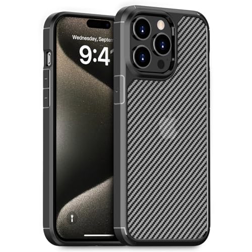 doupi Ultra Hybrid Carbon Fiber Look Hülle kompatibel mit iPhone 15 Pro (6,1 Zoll), Kabelloses Laden Unterstützend, Kohlefaser Optik Case Handyhülle, Protective Cover, schwarz von doupi