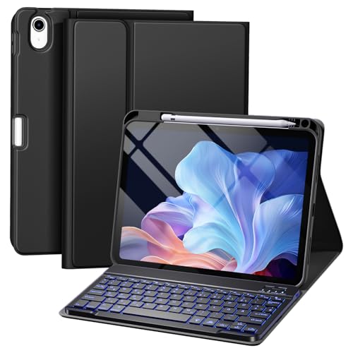 drivego Hülle mit Tastatur für iPad 11 Generation A16/10 Generation (11/10.9 Zoll, 2025/2022), 7-farbige Beleuchtung Magnetische Tastatur für iPad 11./10. Gen Hülle mit Stifthalter, Schwarz von drivego