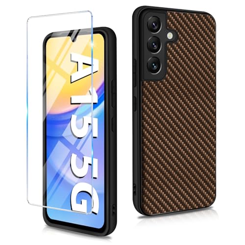 Handyhülle für Samsung Galaxy A15 Hülle 5G mit Galaxy A15 Schutzfolie, Ultra Dünn Slim PU+PC+TPU Carbon Fiber Textur Handytasche Case Cover Stoßfest Schutzhülle für Samsung A15 5G Handy (Braun) von duomigesz