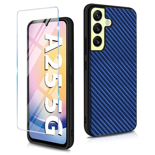 Handyhülle für Samsung Galaxy A25 Hülle mit Galaxy A25 Schutzfolie, Ultra Dünn Slim PU+PC+TPU Carbon Fiber Textur Handytasche Case Cover Stoßfest Schutzhülle für Samsung A25 5G Handy (Blau) von duomigesz